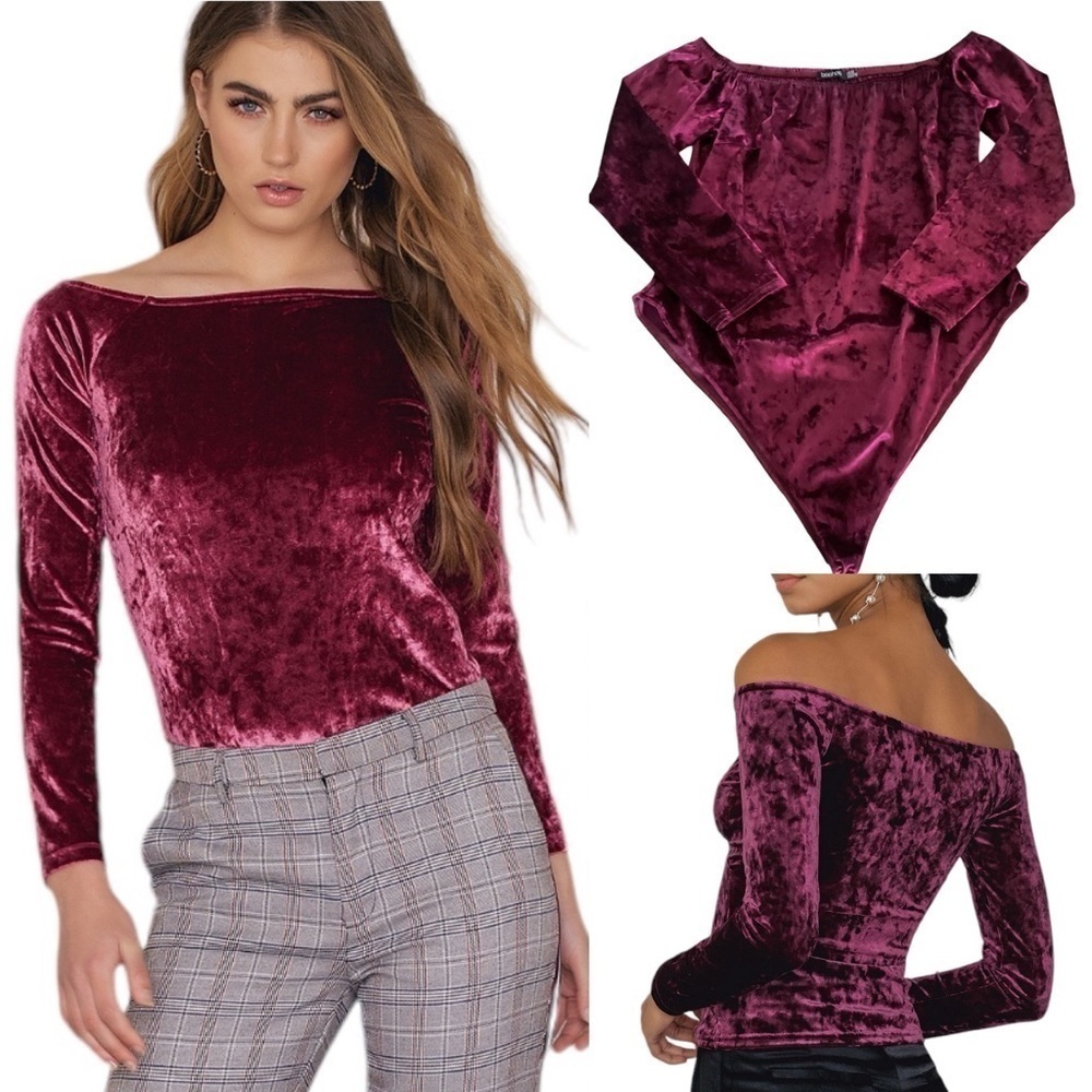 Boohoo Burgundy Velvet Bodysuit Elasticic Neckline Long Sleeve Women’s Size 18